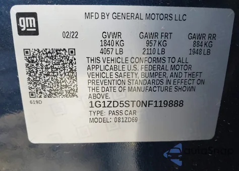 2022 Chevrolet Malibu Fwd Lt из США, поврежденный, VIN 1G1ZD5ST0NF119888